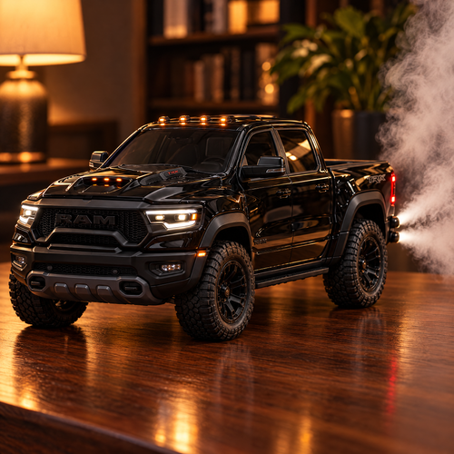 Black pickup-truck humidifier releasing mist from its exhaust on a wooden desk