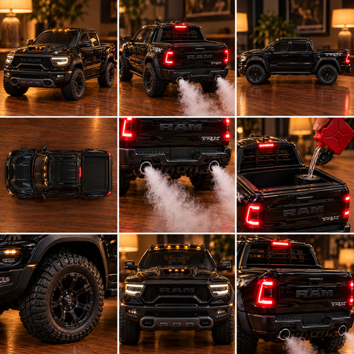 Nine views of the truck humidifier: front, rear with mist, side, top, exhaust, refill, wheel, grille and tail lights